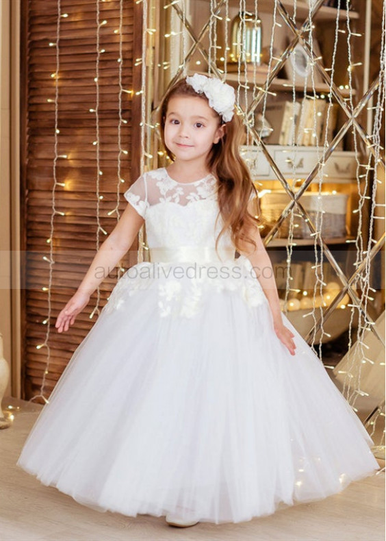Ivory Lace White Tulle Ankle Length Peplum Flower Girl Dress